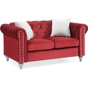 Maklaine Contemporary Jeweled Tufted Micro Suede Velvet Loveseat in Burgundy