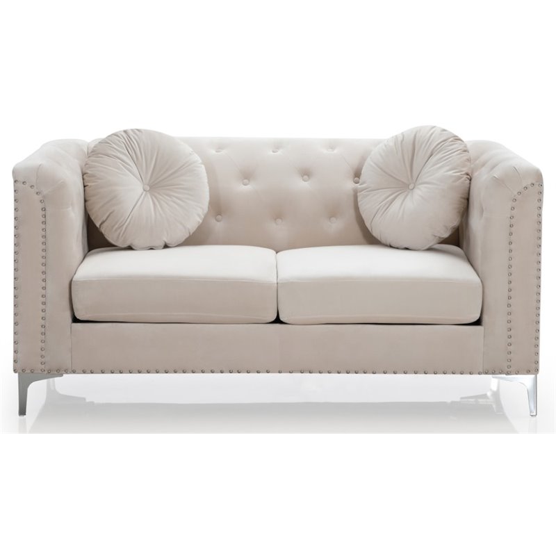 Maklaine Modern / Contemporary Velvet Loveseat in Ivory Finish