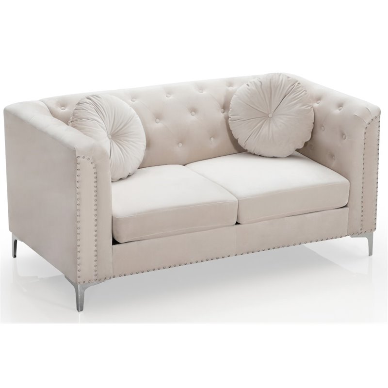 Maklaine Modern / Contemporary Velvet Loveseat in Ivory Finish
