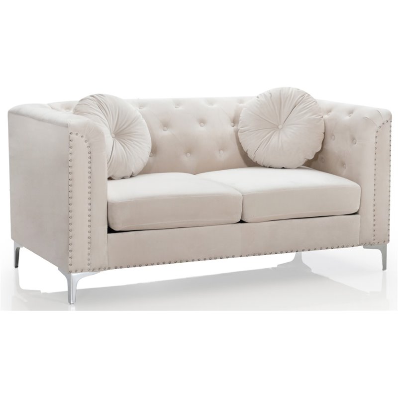 Maklaine Modern / Contemporary Velvet Loveseat in Ivory Finish