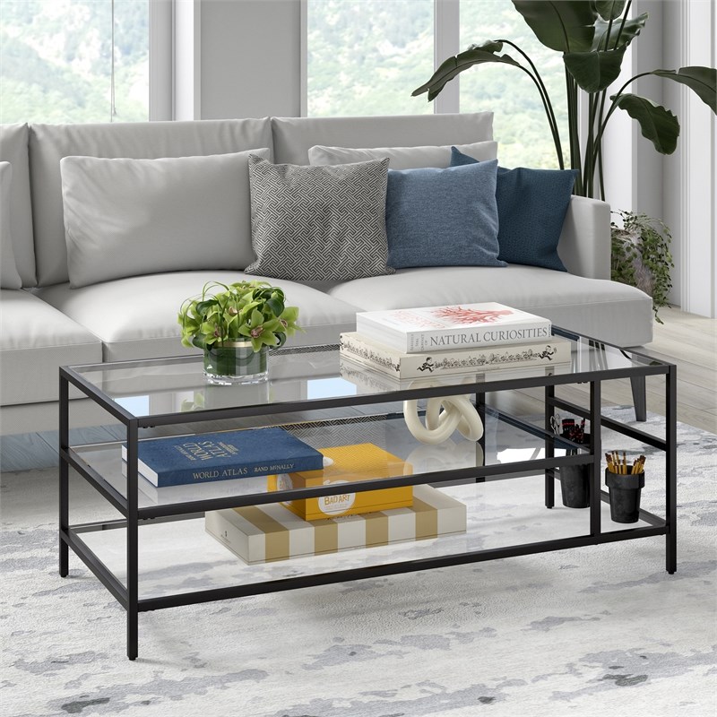 Maklaine Modern Black Bronze Coffee Table with Glass Shelves