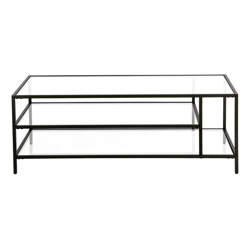 Maklaine Modern Black Bronze Coffee Table with Glass Shelves