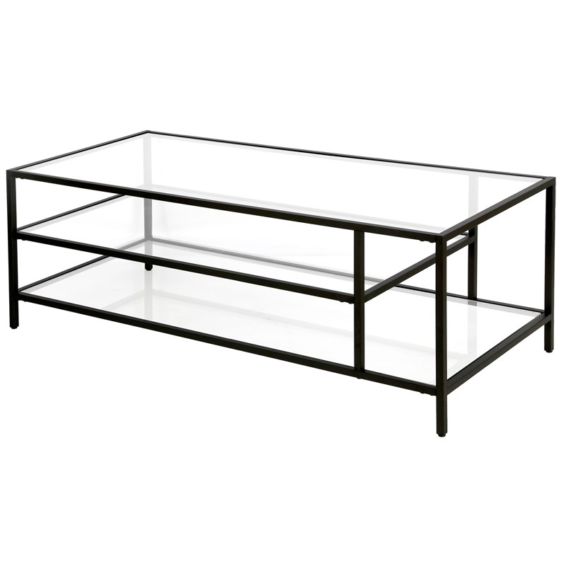 Maklaine Modern Black Bronze Coffee Table with Glass Shelves