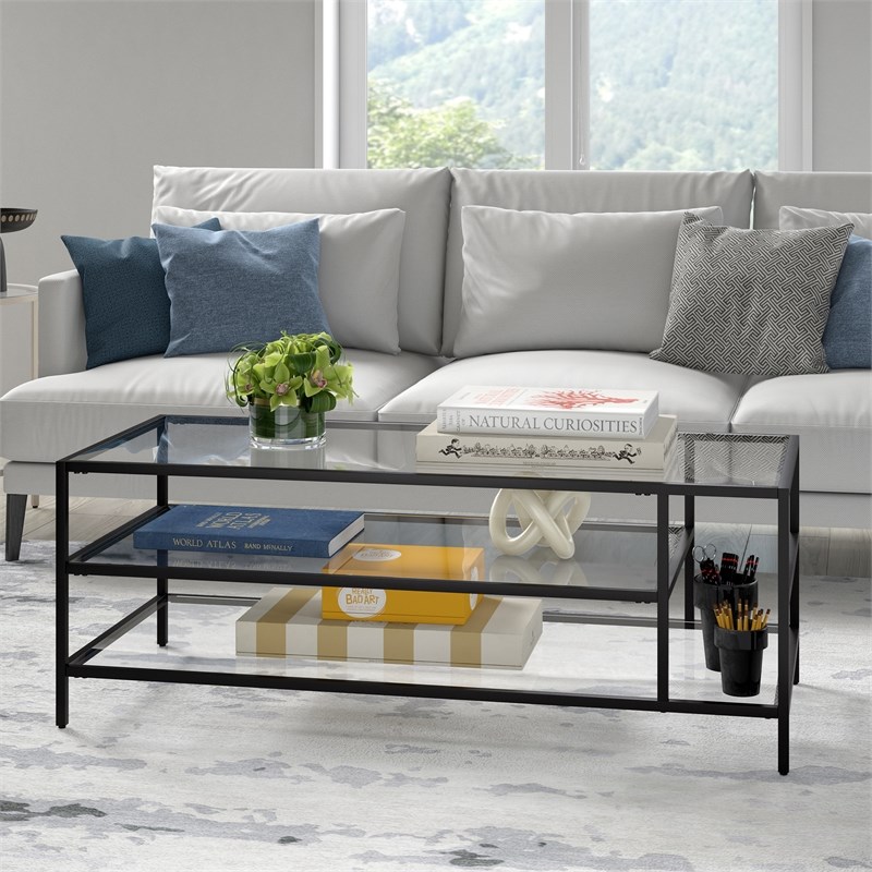 Maklaine Modern Black Bronze Coffee Table with Glass Shelves