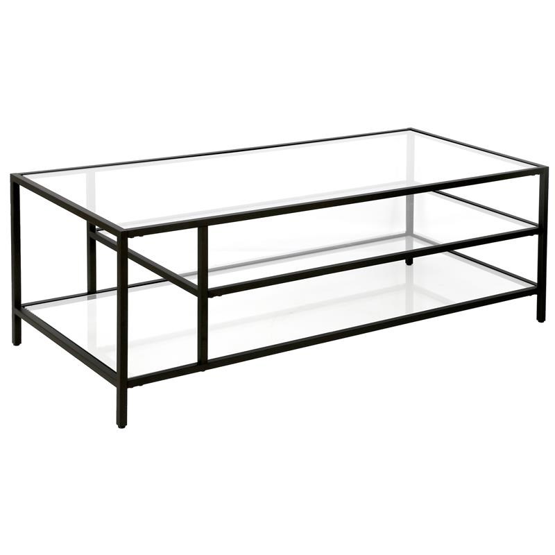 Maklaine Modern Black Bronze Coffee Table with Glass Shelves