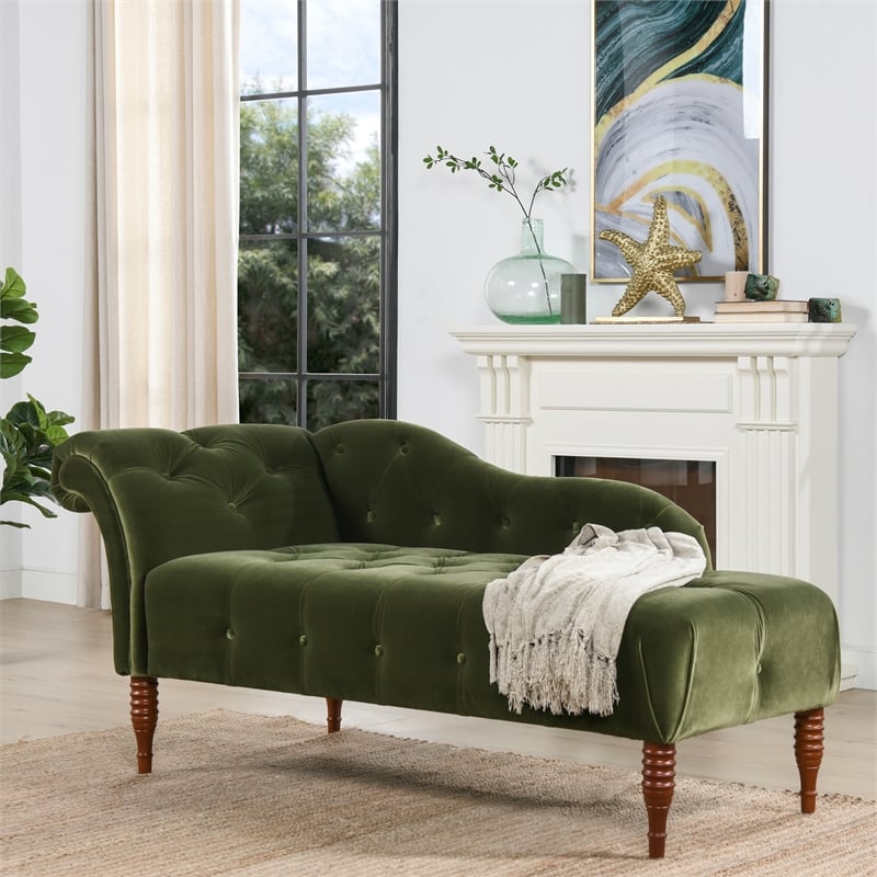 Maklaine Modern Tufted Roll Arm Chaise Lounge Olive Green Velvet