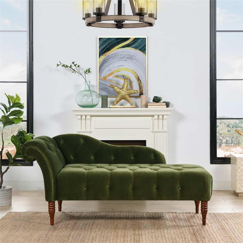 Maklaine Modern Tufted Roll Arm Chaise Lounge Olive Green Velvet