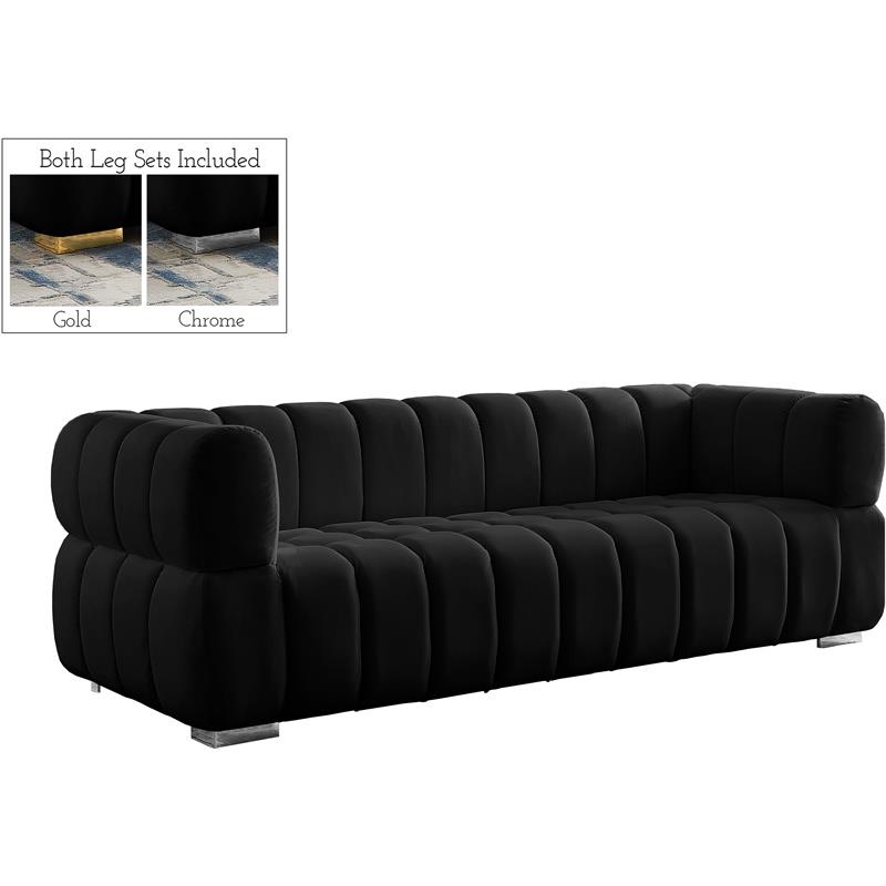 Maklaine Deep Biscuit Tufted Black Velvet Sofa with Gold & Chrome Legs