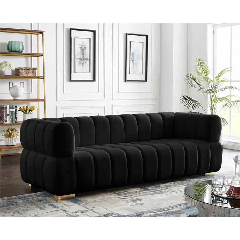 Maklaine Deep Biscuit Tufted Black Velvet Sofa with Gold & Chrome Legs