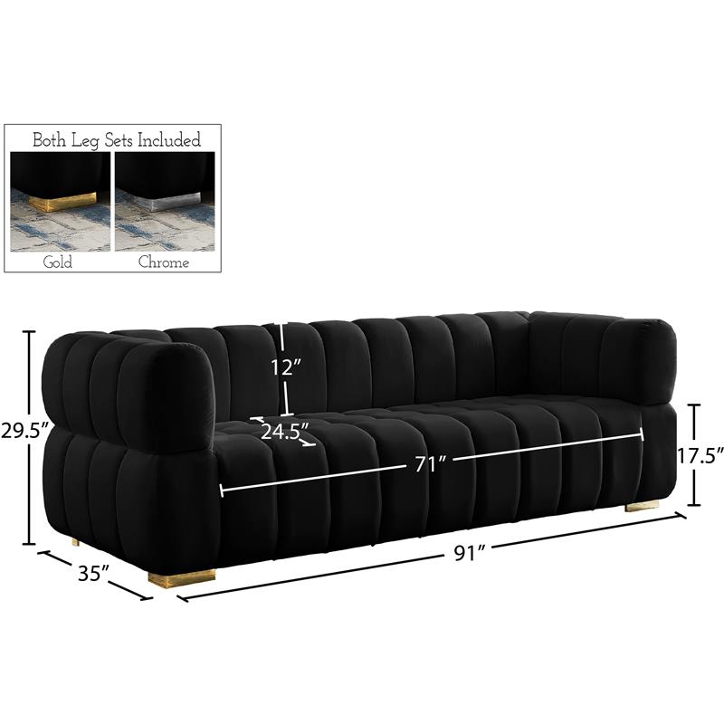 Maklaine Deep Biscuit Tufted Black Velvet Sofa with Gold & Chrome Legs