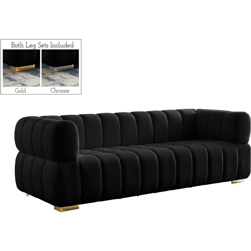Maklaine Deep Biscuit Tufted Black Velvet Sofa with Gold & Chrome Legs