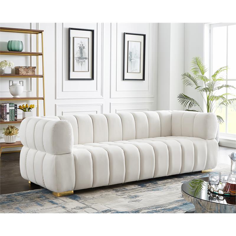 Maklaine Deep Biscuit Tufted Cream Velvet Sofa with Gold & Chrome Legs