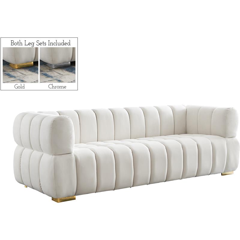 Maklaine Deep Biscuit Tufted Cream Velvet Sofa with Gold & Chrome Legs