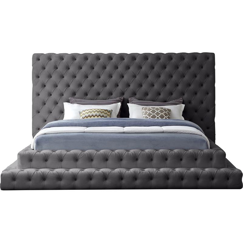Maklaine Contemporary Deep Button Tufted Gray Velvet King Bed