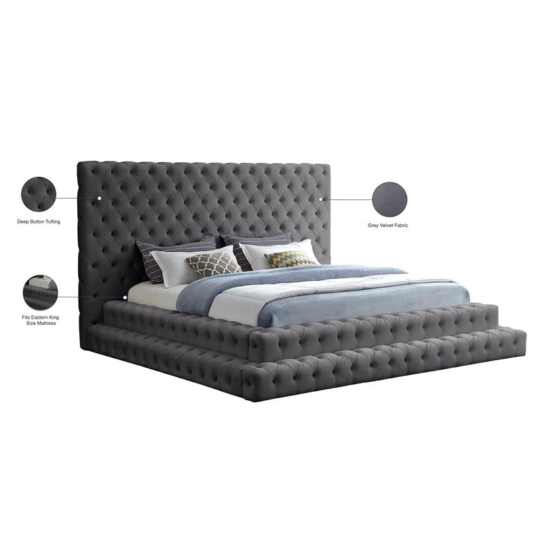 Maklaine Contemporary Deep Button Tufted Gray Velvet King Bed
