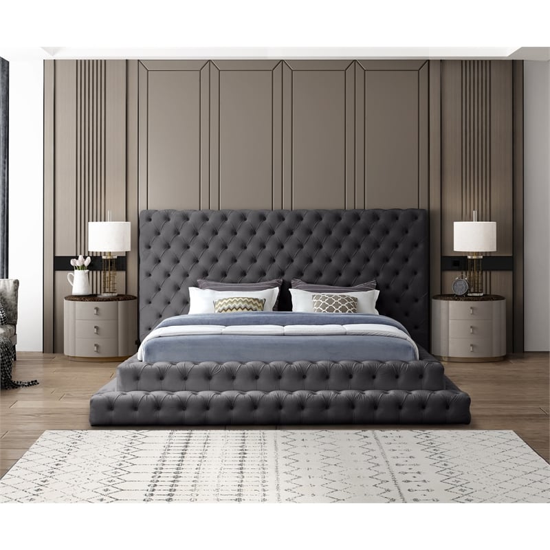 Maklaine Contemporary Deep Button Tufted Gray Velvet King Bed