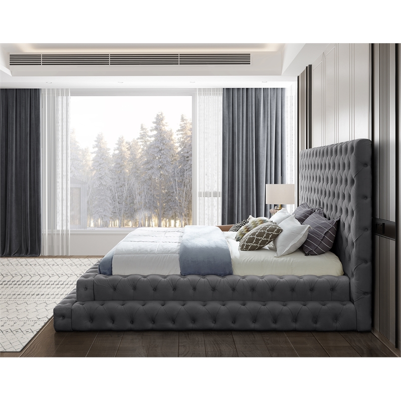 Maklaine Contemporary Deep Button Tufted Gray Velvet King Bed
