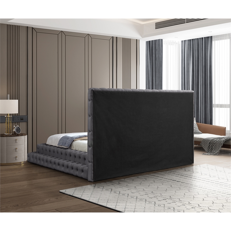 Maklaine Contemporary Deep Button Tufted Gray Velvet King Bed