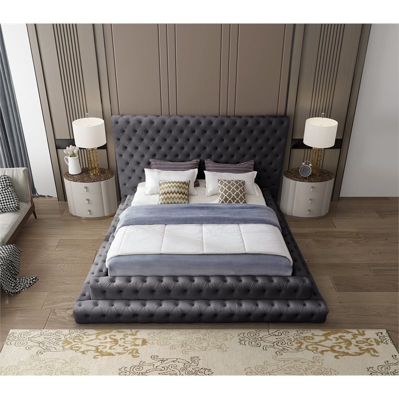 Maklaine Contemporary Deep Button Tufted Gray Velvet King Bed