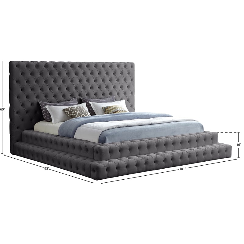 Maklaine Contemporary Deep Button Tufted Gray Velvet King Bed