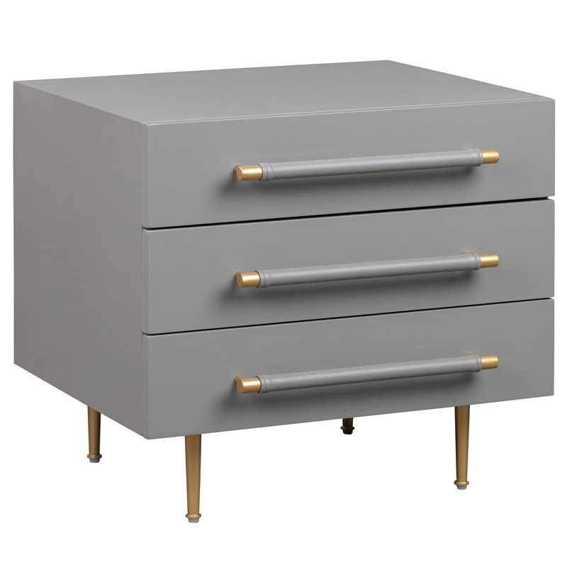 Maklaine Contemporary Gray Acacia Wood Nightstand with 3 Soft-close Drawers