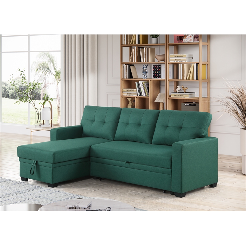 Maklaine Polyester Fabric Reversible Sleeper Sectional Sofa-Green