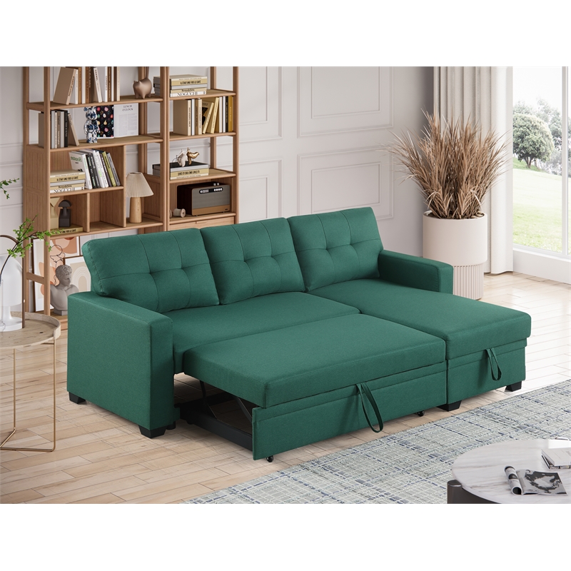 Maklaine Polyester Fabric Reversible Sleeper Sectional Sofa-Green