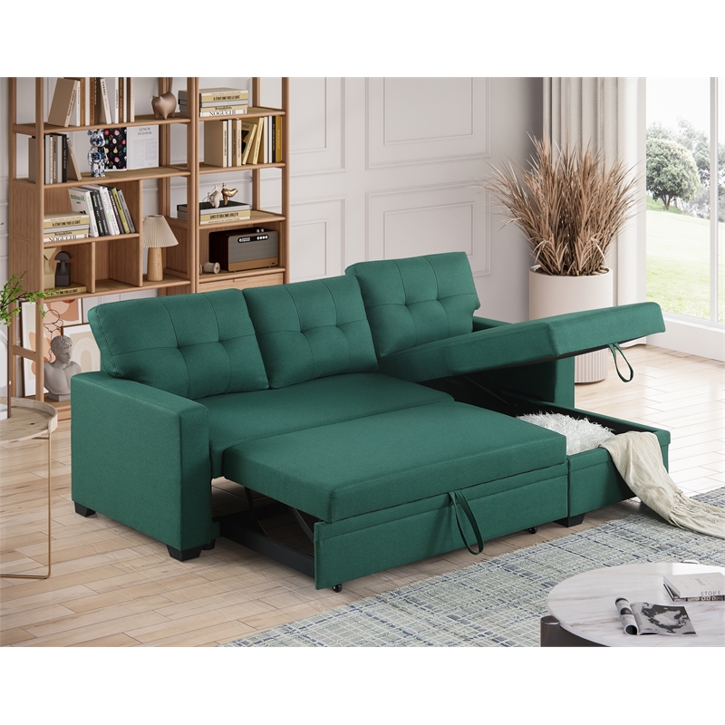 Maklaine Polyester Fabric Reversible Sleeper Sectional Sofa-Green