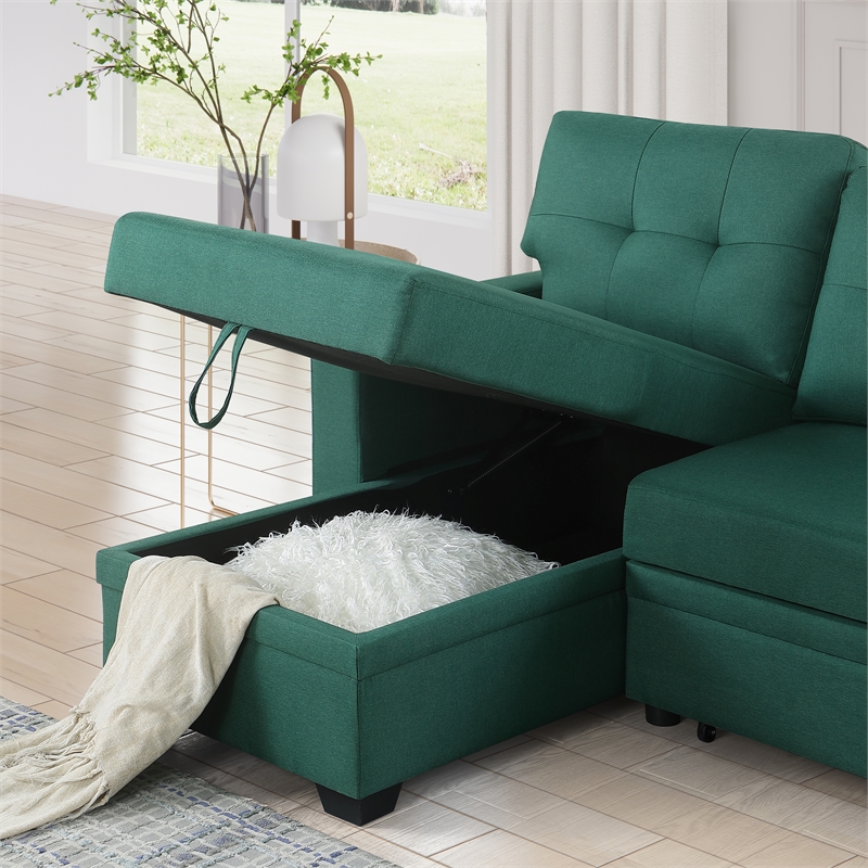 Maklaine Polyester Fabric Reversible Sleeper Sectional Sofa-Green