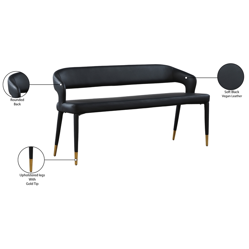 Maklaine Contemporary Soft Black Vegan Leather Rounded Back Bench