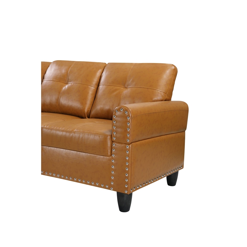 Maklaine Modern Faux Leather Sectional Sofa with Ottoman-Brown