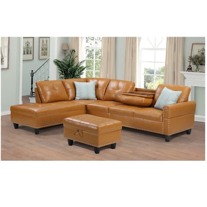 Maklaine Modern Faux Leather Sectional Sofa with Ottoman-Brown