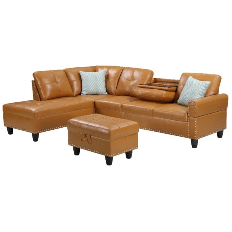 Maklaine Modern Faux Leather Sectional Sofa with Ottoman-Brown