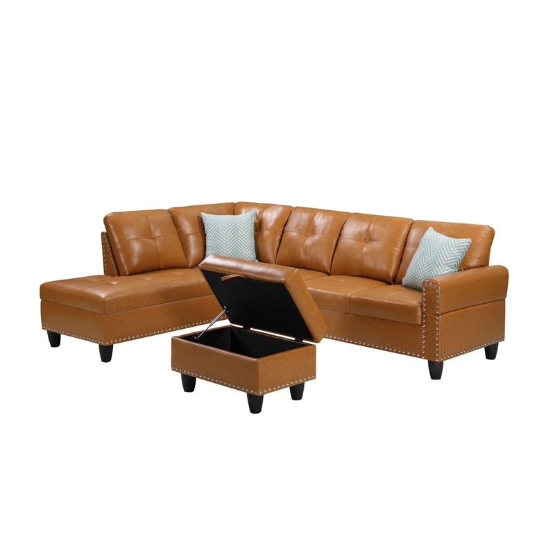 Maklaine Modern Faux Leather Sectional Sofa with Ottoman-Brown