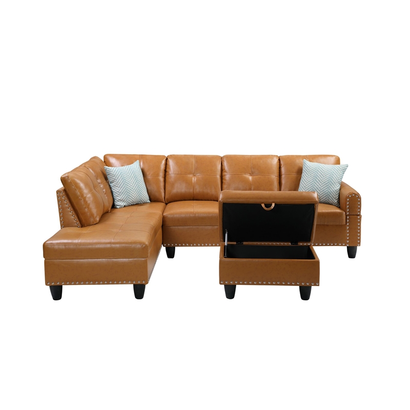 Maklaine Modern Faux Leather Sectional Sofa with Ottoman-Brown