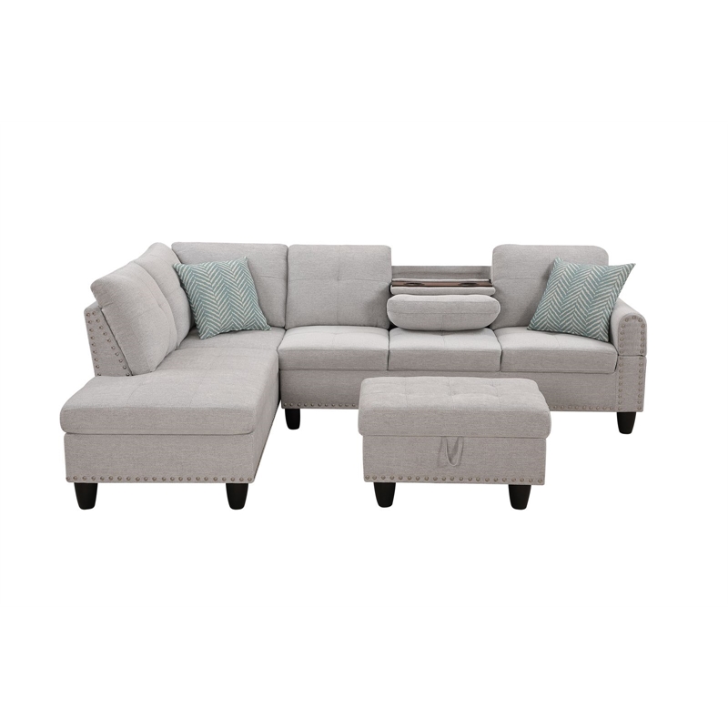 Maklaine Polyester Fabric Sectional Sofa with Ottoman-Light Gray