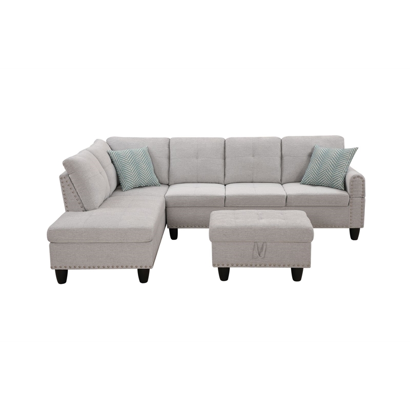 Maklaine Polyester Fabric Sectional Sofa with Ottoman-Light Gray