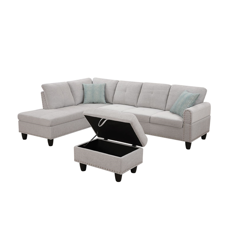 Maklaine Polyester Fabric Sectional Sofa with Ottoman-Light Gray