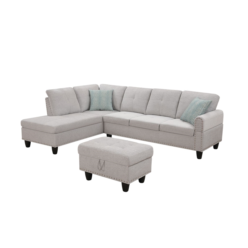Maklaine Polyester Fabric Sectional Sofa with Ottoman-Light Gray