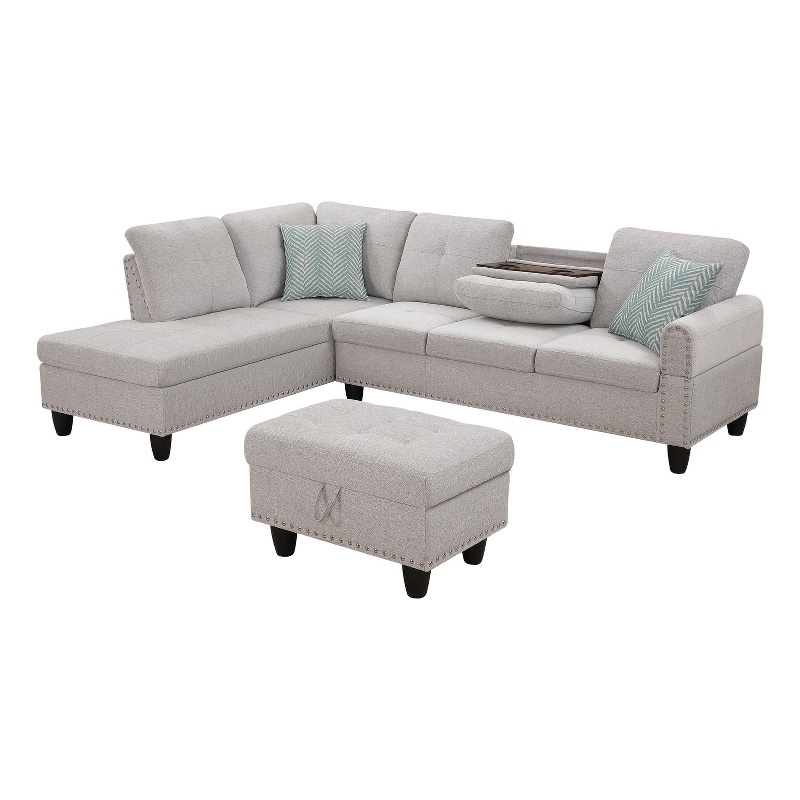 Maklaine Polyester Fabric Sectional Sofa with Ottoman-Light Gray