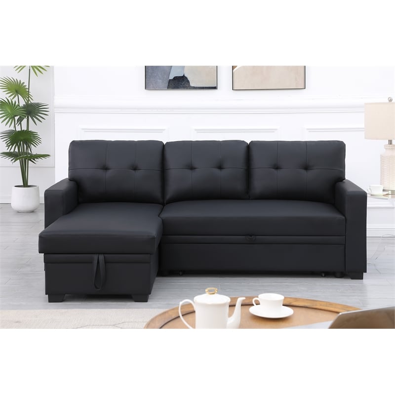 Maklaine Faux Leather Reversible Sleeper Sectional Sofa-Black