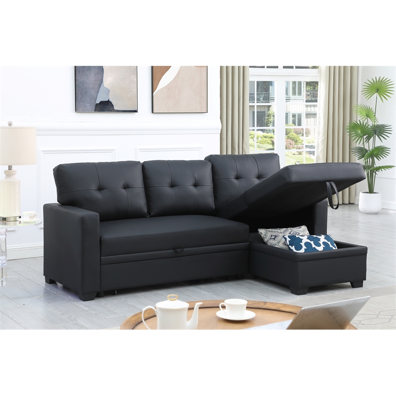 Maklaine Faux Leather Reversible Sleeper Sectional Sofa-Black