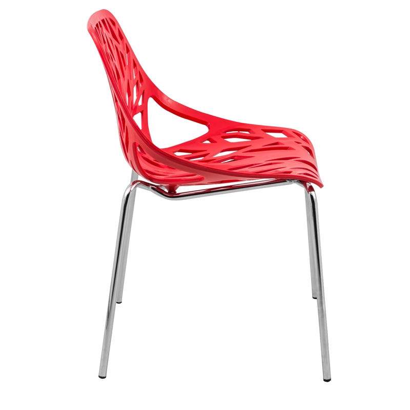 Maklaine Modern Dining Side Chair With Chromed Legs in Red Set of 4