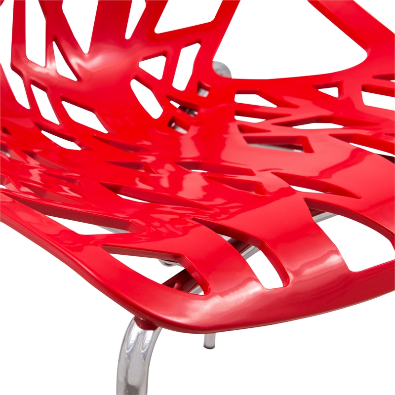 Maklaine Modern Dining Side Chair With Chromed Legs in Red Set of 4