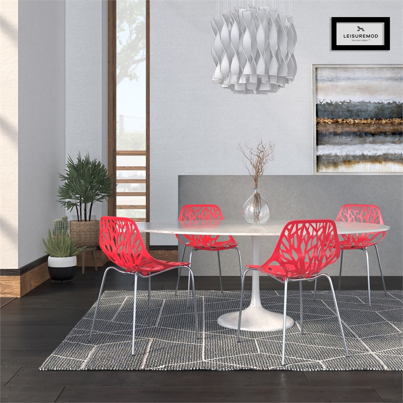 Maklaine Modern Dining Side Chair With Chromed Legs in Red Set of 4
