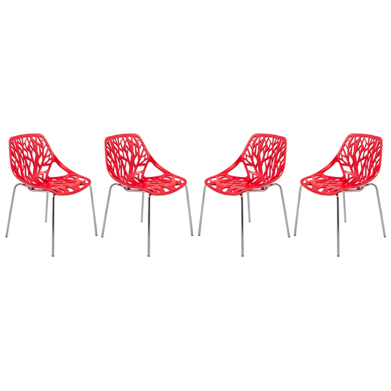 Maklaine Modern Dining Side Chair With Chromed Legs in Red Set of 4