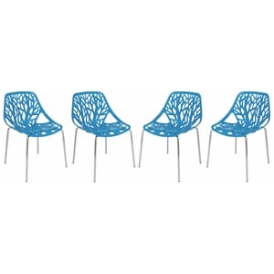 Maklaine Modern Dining Side Chair With Chromed Legs in Blue Set of 4