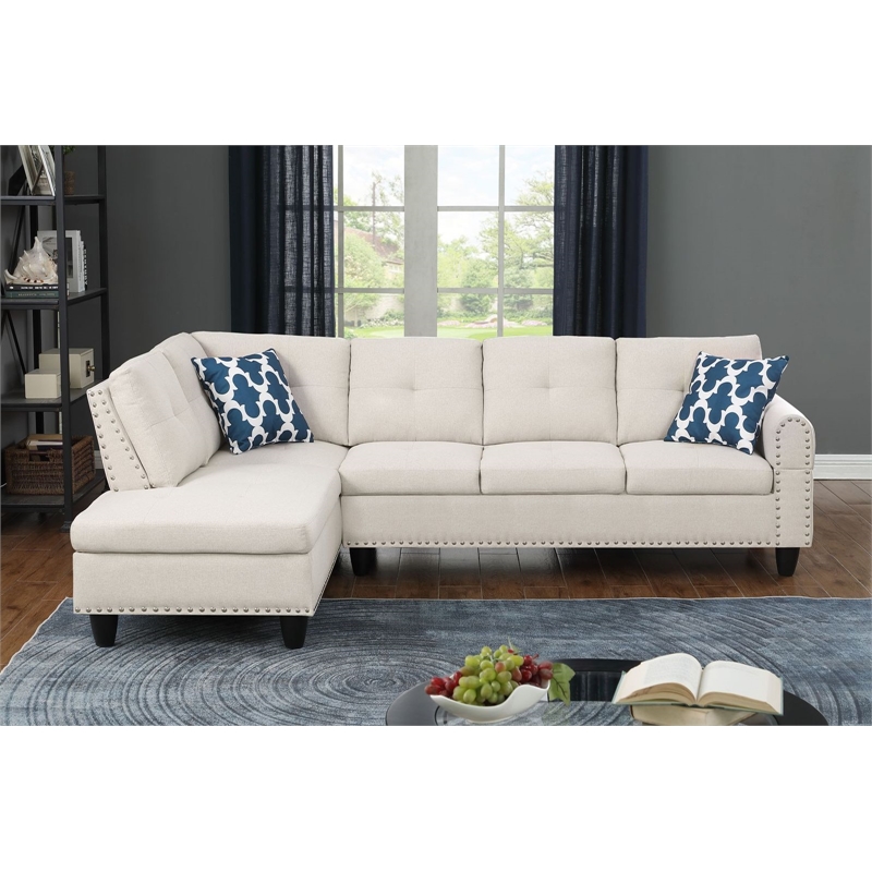 Maklaine Modern Polyester Fabric Sectional Sofa with Ottoman in Beige