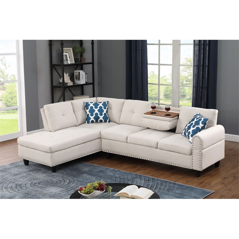 Maklaine Modern Polyester Fabric Sectional Sofa with Ottoman in Beige