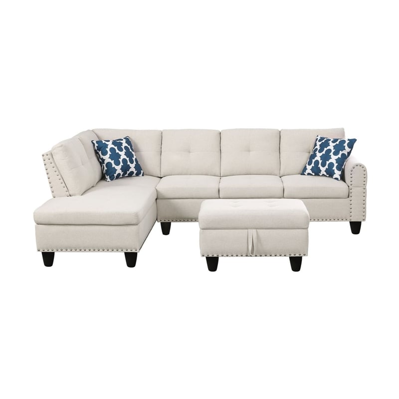 Maklaine Modern Polyester Fabric Sectional Sofa with Ottoman in Beige